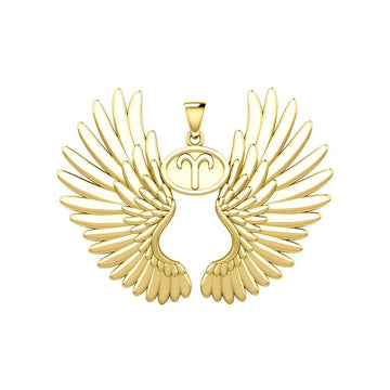 Guardian Angel Wings Solid Gold Pendant with Aries Zodiac Sign GPD5515 - Jewelry